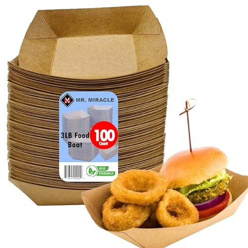 Mr Miracle Paper Food Trays, Kraft Paper. Large (3LB). 100 Pack, Disposable, Recyclable Serving Boats.For Condiments, Snacks & Concession Food, Grease Ressistant