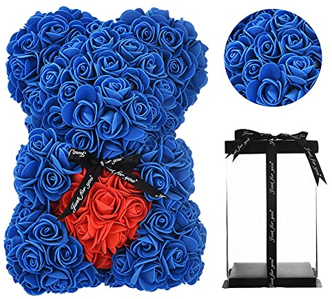 Geschenke für Mama, Geburtstagsgeschenk für Frauen, Valentinstagsgeschenk, Bär, Rose Teddybär in Einer Geschenkbox, vollständig zusammengebaute Geschenkbox, Hochzeit und Jubiläum… (Königsblau)