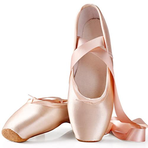 ZESLIV Zapatillas de Ballet de Punta Pointe Zapatos Satén con Suela de Cuero y Cintas para Niñas Rosa 43