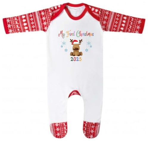 Second Ave Mi Primera Navidad Baby Grow - Pijama de bebé con estampado festivo de manga larga, mameluco de Navidad, Blanco/Rojo, 6-12 meses
