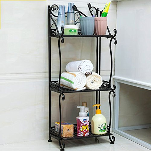 Scaffale da Bagno in Ferro battuto Lavabo da Bagno a Pavimento Lavabo WC Scaffale portaoggetti (Nero a Tre Piani)