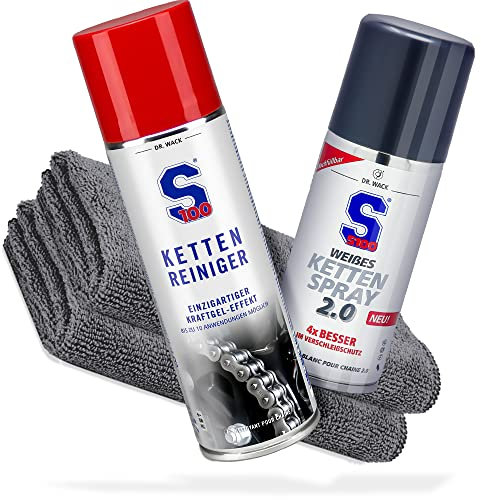 Motorrad Kette Reinigung & Pflege Bundle - Dr. Wack - S100 Kettenreiniger 300 ml I Motorrad Kettenreiniger für O/X/Z-Ring + S100 weißes Kettenspray 100 ml Kettenspray + 2X detailmate Mikrofasertuch