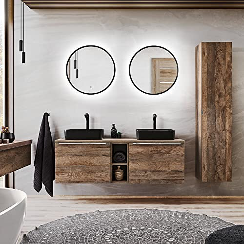 Lomadox Badezimmer Badmöbel Set in Vintage Oak Eiche, 140cm Doppel Waschtisch-Unterschrank mit 2 Keramik-Waschbecken, 2 LED-Spiegel, 2 Hochschränke