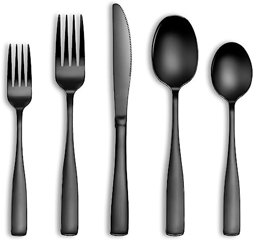 40 Pcs Black Silverware Set, Stainless Steel Flatware Set for 8, Food-Grade Cutlery Set, Mirror Polished Tableware Eating Utensils Set for Home Kitchen, Include Knife Fork Spoon Set, Dishwasher Safe