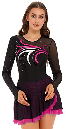 iEFiEL Damen Langarm Eiskunstlauf Kleid Glitzer Tanzkleid Strass Kürkleid Rollkunstlauf Bekleidung Tanzanzug Tanzkostüm