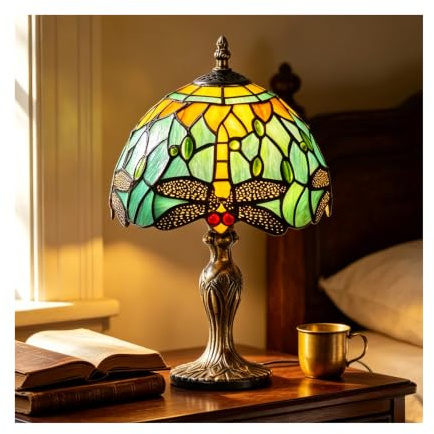 MIAOKE 8'' Stained Glass Table Lamp, Vintage Desk Bedside Night Light | Stained Glass Crystal Bead Style Table Light, Handmade Antique Art Craft Gifts, for Living Bedroom (Water-Rippled Dragonfly)
