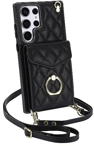 QLTYPRI Handyhülle für Samsung Galaxy S23 Ultra Hülle mit Band, Mikrofaser Leder Handykette Case mit Kartenfach Ringständer RFID Schutzhülle Lederhülle Tasche Etui für Samsung S23 Ultra - Schwarz