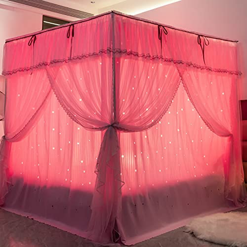 UNICOKA Niedliche Prinzessinnen-Vorhang mit hohlen Sternen, 4 Eckpfosten, Betthimmel-Vorhang mit Sternenhimmel, für Erwachsene, Mädchen, Jungen, Betthimmel, Kinderbett, Schlafzimmer-Dekoration (Rosa