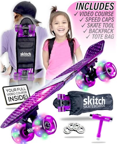 SKITCH Skateboard completo per bambini dai 6 ai 12 anni, set regalo completo per principianti, mini cruiser da 55,9 cm, zaino per skateboard, controllo della velocità, strumento per skate, borsa tote