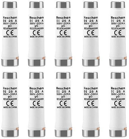 Heschen Eslabones fusibles cerámicos Neozed, eslabón fusible tipo DI, 25A 500VAC, tipo gG, para protección de cables y líneas, 10 unidades