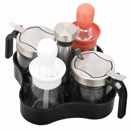TINMIX Revolving Condiment Pots Sugar Bowl Salt & Pepper Cellar with Lid and Spoon, Set of 4 Seasoning Box Spice Jar with 360 Rotating Tray for Kitchen, 2 Pots+2 Oil Dispenser Bottles