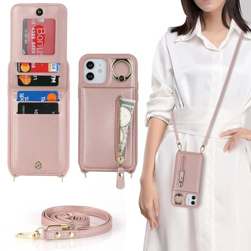 Zouzt for iPhone 12 Pro Max/iPhone 13 Pro Max 6.7 Inch Case with Cord and Card Holde, Zipper Wallet Case with Crossbody Lanyard Ring Adjustable Necklace Protective Cover Women - Rose Gold