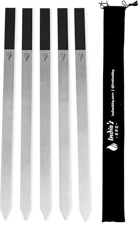 1-Inch Wide Stainless Steel BBQ Skewers – Set of 5 Flat Heavy-Duty Kabob Sticks for Grilling Tandoori, Koobideh, Kebabs – Heat-Resistant Handle, Storage Bag Included – India’s BBQ - 22 inches