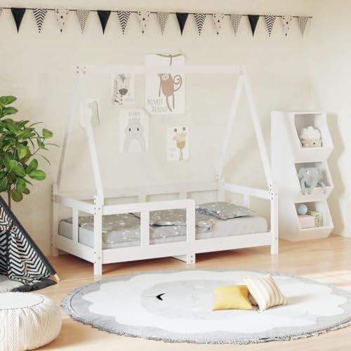 Festnight Kinderbett 70x140 cm Hausbett für Jungen & Mädchen Bett Kinder Jugendbett Bettrahmen Holzbett Einzelbett Holz Bodenbett Bettgestell mit Lattenroste Weiß