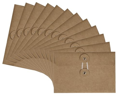 12 braune Briefumschläge, 15,2 x 10,2 cm, mit Knopf- und Schnurverschluss, dekorative Vintage-Umschläge, Taschen für Briefe, Postkarten, Grußkarten, Einladungen (12 Stück)