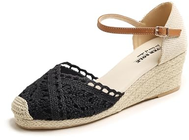 Feversole dam kil sandaler minnesskum slingback mellanklackar mode Espadrille ankelrem sommarskor, Svart kil stickad virkad jute, 40 EU