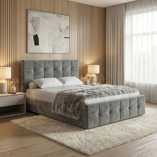 Blisswood 4ft6 Double Ottoman Bed Frame, Velvet Upholstered Storage Bed, Gas Lift End Opening Bed Frame with Wooden Slats, Heavy Duty Metal Support Base, Space Saving Under Bed Storage, Dark Grey