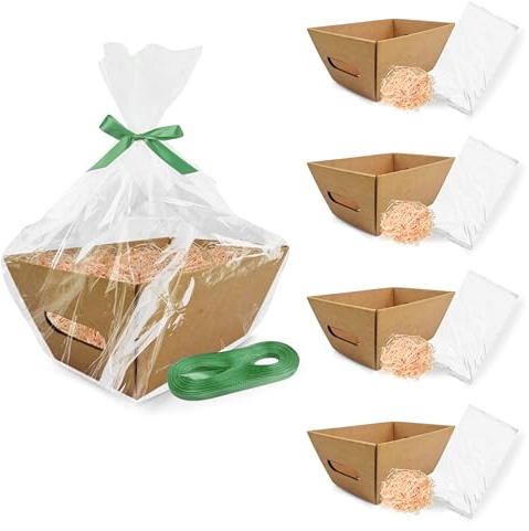 5 leere Geschenkkörbe, 26 x 17 x 11 cm + 125 g Kiefernpapier + 5 Zellophanbögen + 25 m Draht | Karton ohne Deckel | Körbe, Geschenke, Geburtstag, Ostern, Valentinstag, Partys