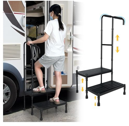 Stegpall med handtag justerbar 2-stegs plattform SUV bil husvagn steg för resor släpvagnar lastbil mobila hementréstegar med ledstång metall stegpall utomhus fotsteg (50 cm)