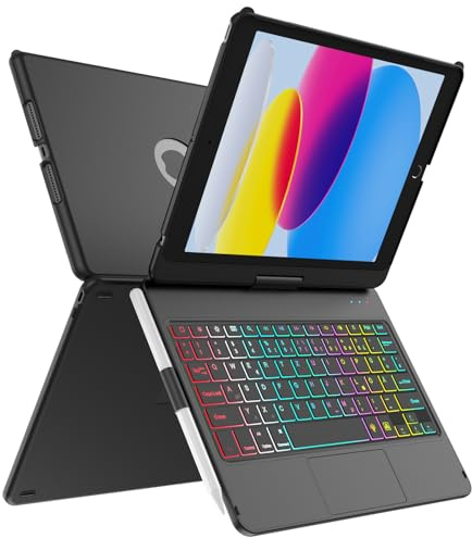 MMK Tastatur Hülle für iPad 10.2 Zoll (9/8/7 Generation 2021/2020/2019) | 7 Farben Beleuchtung & Multi Touch Trackpad & Auto Schlaf/Wach Funktion, Flip Stand Gehäuse mit Bleistifthalter, Schwarz