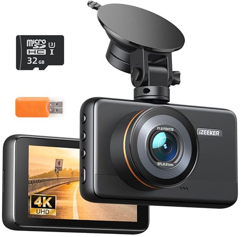 iZEEKER 4K Dash Cam, 2160P Car Camera with Free 32GB Card, Night Vision Dashcam with Loop Recording, G-Sensor Auto Lock, Parking Mode, WDR 400