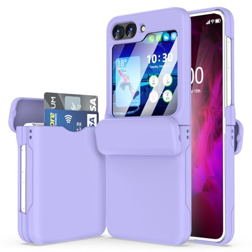 WATACHE för Samsung Galaxy Z Flip 6 fodral med gångjärnsskydd stöttåligt med kreditkortshållare ID-kort skyddande fodral flip Z 6 telefonfodral för Galaxy Z Flip 6 5G (lila)