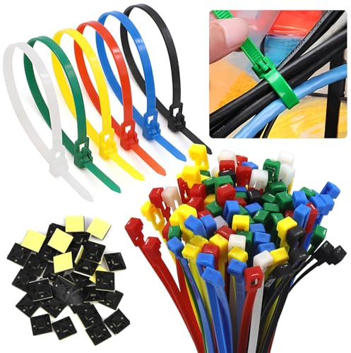 Kabelbinder Wiederverschließbar Cable Ties Bunt Set 300 x 5mm Kabelbinder Lösbar 50 Klebesockel UV Beständige Cable Ties Rot Gelb Blau Grün Schwarz Weiß 100 Stück