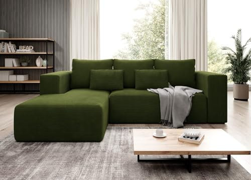 Easy4You Ecksofa Grün Stripes L-Form in Kord – 255 cm - Schlafsofa mit Bettzeugbehälter und Schlaffunktion - Eckcouch mit Stauraum - Links – Stoff Kord POSO 46