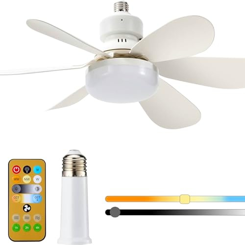 Brabola Socket Fan Light with Remote, Screw in Ceiling Fan LED Light Bulb 3 Colors Dimmable 3000K-6000K Quiet Fan for Indoor, Bedroom, Kitchen, Balcony, Home (White-40W)