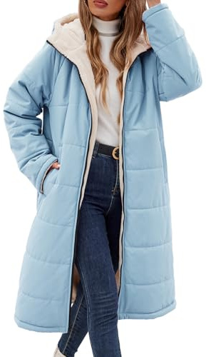 Tuopuda Winter Long Coats for Women Fleece Puffer Coat Warm Full Zip Hooded Long Jackets Plus Size Quilted Outerwear Outdoor Hiking Overcoat(Blue,XL)