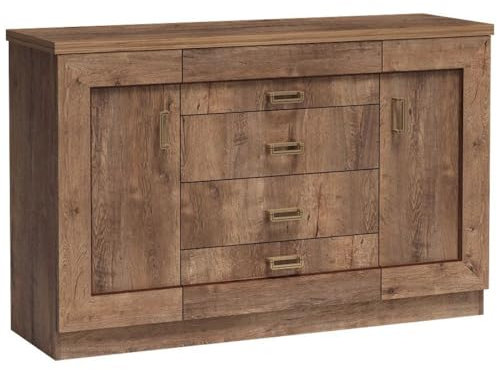 Lomadox Sideboard Anrichte Schrank Kommode rustikal Lefkas Eiche Holzoptik 2 Türen 4 Schubladen 140x90x44 cm