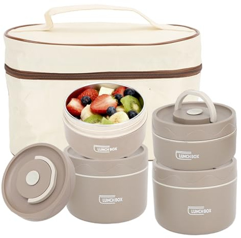 4 Stück Thermobehälter für Essen, Edelstahl Thermo Lunchbox Rund Thermoschüssel mit Deckel, Warmhaltebehälter Edelstahl Doppelschichtiger Suppenbehälter mit Tasche (Mikrowellengeeignet-Kaffee)
