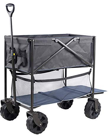 Chariot utilitaire d'extérieur robuste avec double couche pliable et chariot à quatre roues pour jardin, plage, shopping et chariot