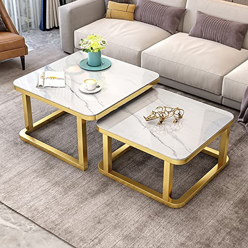 HanDpi Satztisch-Couchtisch, 2er-Set, stapelbare Beistelltische, Marmoreffekt, Glatte Tischplatte aus gehärtetem Glas für Wohnzimmer, Sofa-Tische aus Metall (Farbe: Goldrahmen, Größe: 70 cm Weiß +