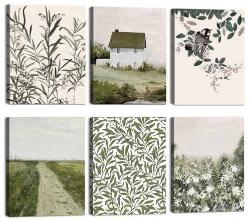 BINCUE 6 Teilig Vintage Rustikale Landschaft Wandbilder,Grün und Braun Leinwandbilder mit Rahmen Holz,Wandkunst Natur Ländlich Landschafts,Französisch Land Poster für Schlafzimmer Wohnzimmer,25x20cm