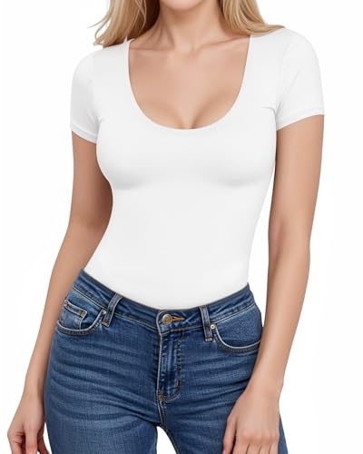 ALGALAROUND Women's T-Shirts Short Sleeve Scoop Neck Slim Fit Y2k Sexy Shirt Summer Going Out Top 2025 Clothes White L