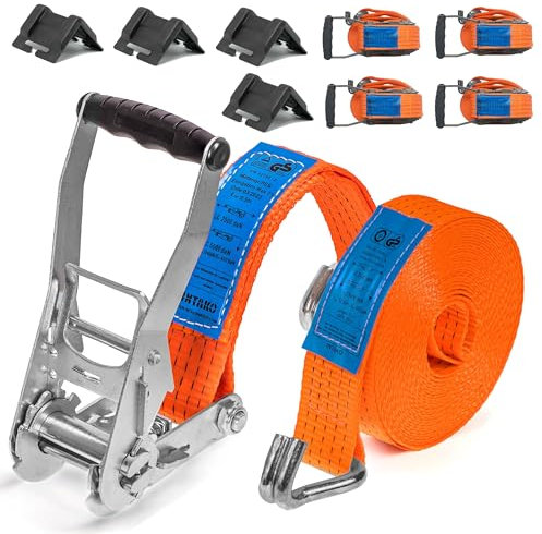 INTAKO 4m x 5000kg x 50mm - 4 Stück Spanngurte Mit Ratsche und Haken Inkl. 4 Stück Kantenschützer - Ladungssicherung Set 5T für LKW - 2 teiler Zurrgurt Breit 50mm-