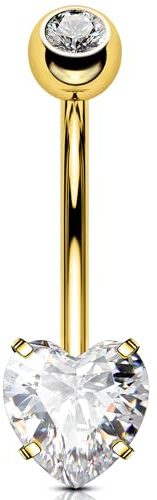 OUFER 14G Or Piercing Nombril Acier Chirurgical 316L Cœur Piercing Au Nombril Filetage Intérieur Transpatent CZ Boule de Piercing Ventre Pour Femme 10 mm