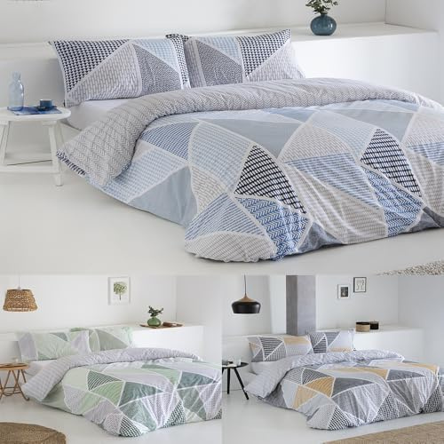 COTTON ARTean Funda Nórdica Reversible Cama 105 Algodón Poliéster GEKA Azul, Funda edredón 180x220 + 1 Funda de Almohada, Cierre con Botones