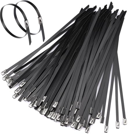 50 Bridas Acero Inoxidable Negras con protección UV para fijación de Cables | sistema de bloqueo automático, resisten exterior y altas temperaturas