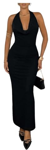 GORGLITTER Women's Cowl Neck Halter Tie Backless Dresses Bodycon Pencil Long Dress Cocktail Outfits Black Small