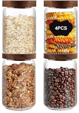 AHAQU 4PCS Glass Food Storage Jars, 750ml Glass Storage Jars with Airtight Wood Lids, Clear Kitchen Storage Jars with Stickers for Tea, Coffee, Sugar, Beans, Cereal, Spices