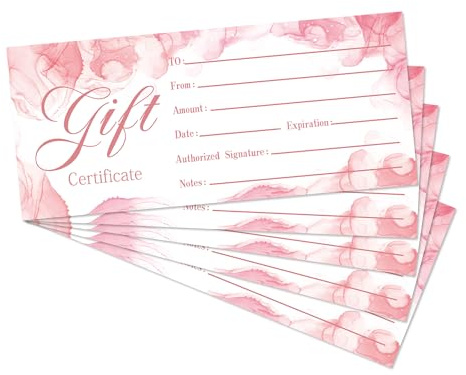 Blank Gift Certificate for Business, 25 Pink Gift Certificate Cards for Spa Restaurants Salon, Custom Client Vouchers for Birthday, Fill in Blank Work Business Present Cards, 3. 5 x 8 Inch - A01