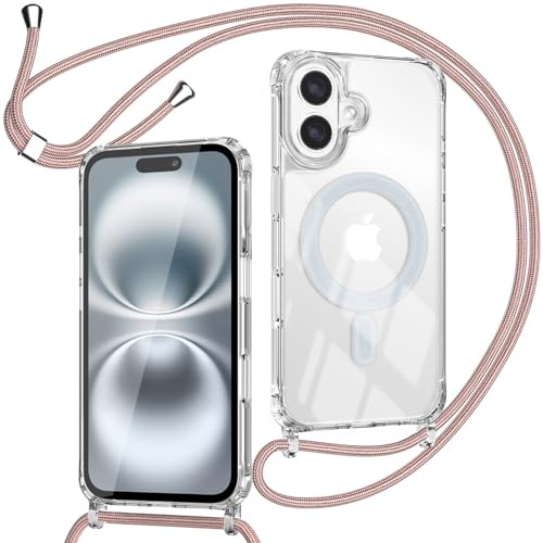 ZYIMOU für iPhone 16 Hülle mit Band Kompatibel mit MagSafe, Transparent Magnetische Handyhülle mit Kordel zum Umhängen Handyband Stossfest Schutzhülle，Kette Rosé Gold