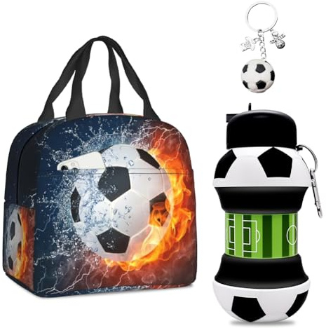 VorErgyllic Football Lunch Box Bag,High Temperature Resistant Football Water Cup，Simulated PVC Football Keychain，Holder for School Picnic Travel Hiking Camping Drinks Bottle Ideal for Sports Partie