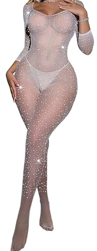 Mingnos Bodystocking Ouvert für Damen Glitzer Body Transparente Unterwäsche Netz Dessous Sexy Jumpsuit Nylon Catsuit Bodysuit Weiß