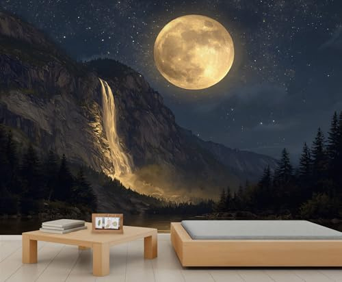 YEMYOR Full Moon Mural Wallpaper Golden Waterfall Wallpaper for Living Room Bedroom Starry Sky Forest Wall Mural for Kitchen Dining Room-280x200cm