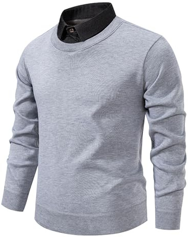 Generisch Faux Pull deux pièces homme 2 en 1 Pull tricoté col chemise Pull en tricot fin Pull d'hiver chaud Sweatshirt couleur unie coupe slim Chemise et pull col en V Pulls, gris clair, XXL