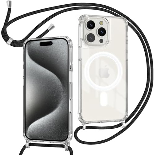 ZYIMOU für iPhone 15 Pro Hülle mit Band Kompatibel mit MagSafe, Transparent Magnetische Handyhülle mit Kordel zum Umhängen Handyband Stossfest Schutzhülle，Kette Schwarz