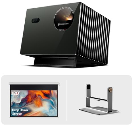 Valerion VisionMaster Pro2 - Proyector láser triple 4K con pantalla de proyección motorizada recargable impermeable de 120 y soporte de cardán de escritorio, configuración premium de cine en casa